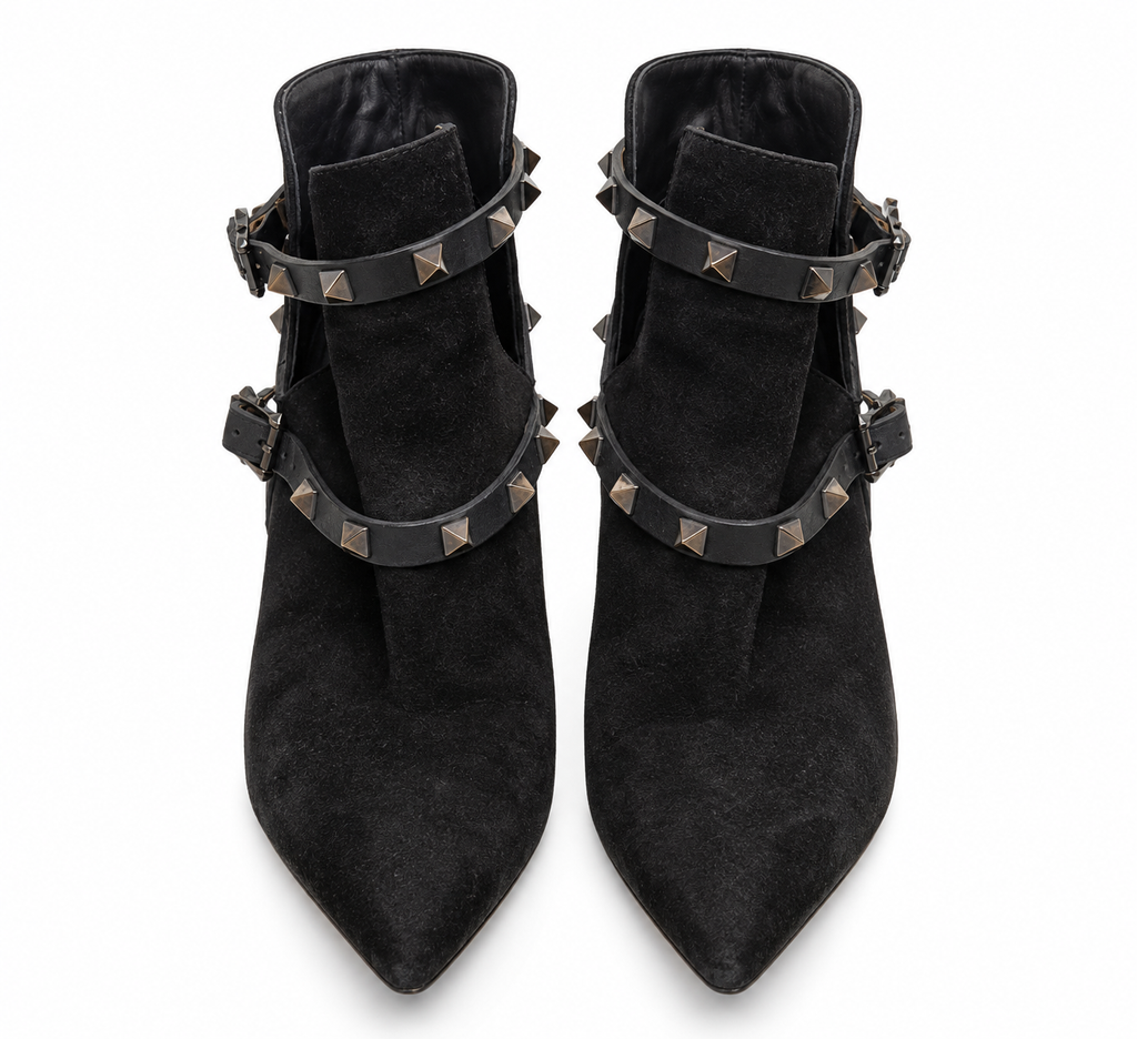 Valentino Garavani Suede Rockstud Double-Buckle Ankle Boots – Black