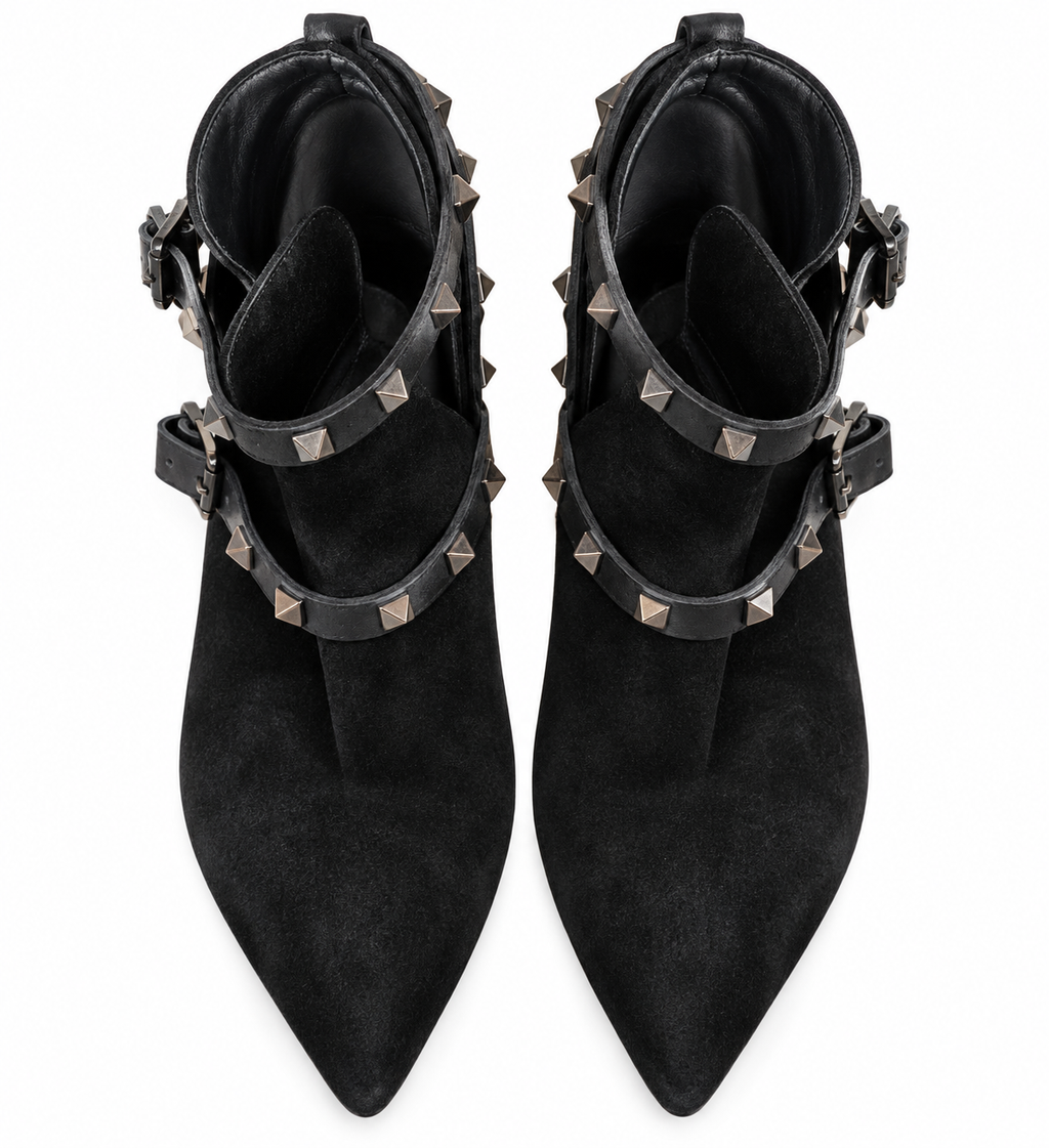Valentino Garavani Suede Rockstud Double-Buckle Ankle Boots – Black